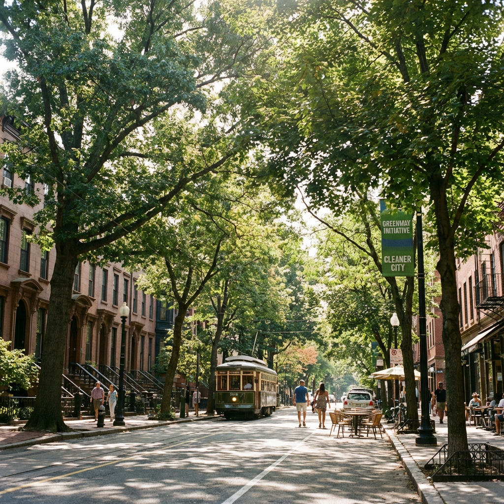 Vintage green streetcar traveling down a sun-dappled city street lined with historic buildings and trees.