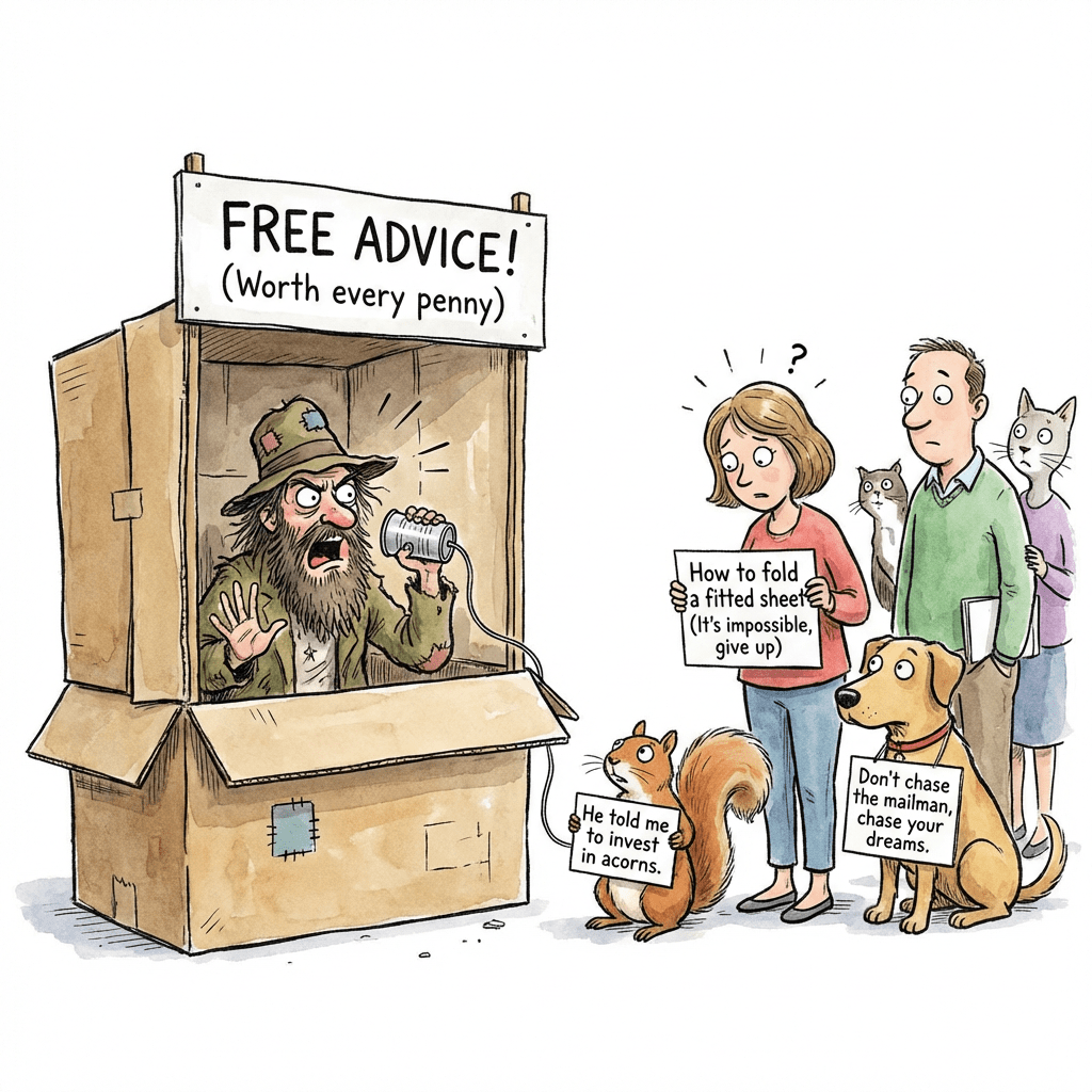 Cartoon of a booth labeled 'FREE ADVICE! (Worth every penny)'. Characters hold signs: 'He told me to invest in acorns.', 'How to fold a fitted sheet (It's impossible, give up)', and 'Don't chase the mailman, chase your dreams.'