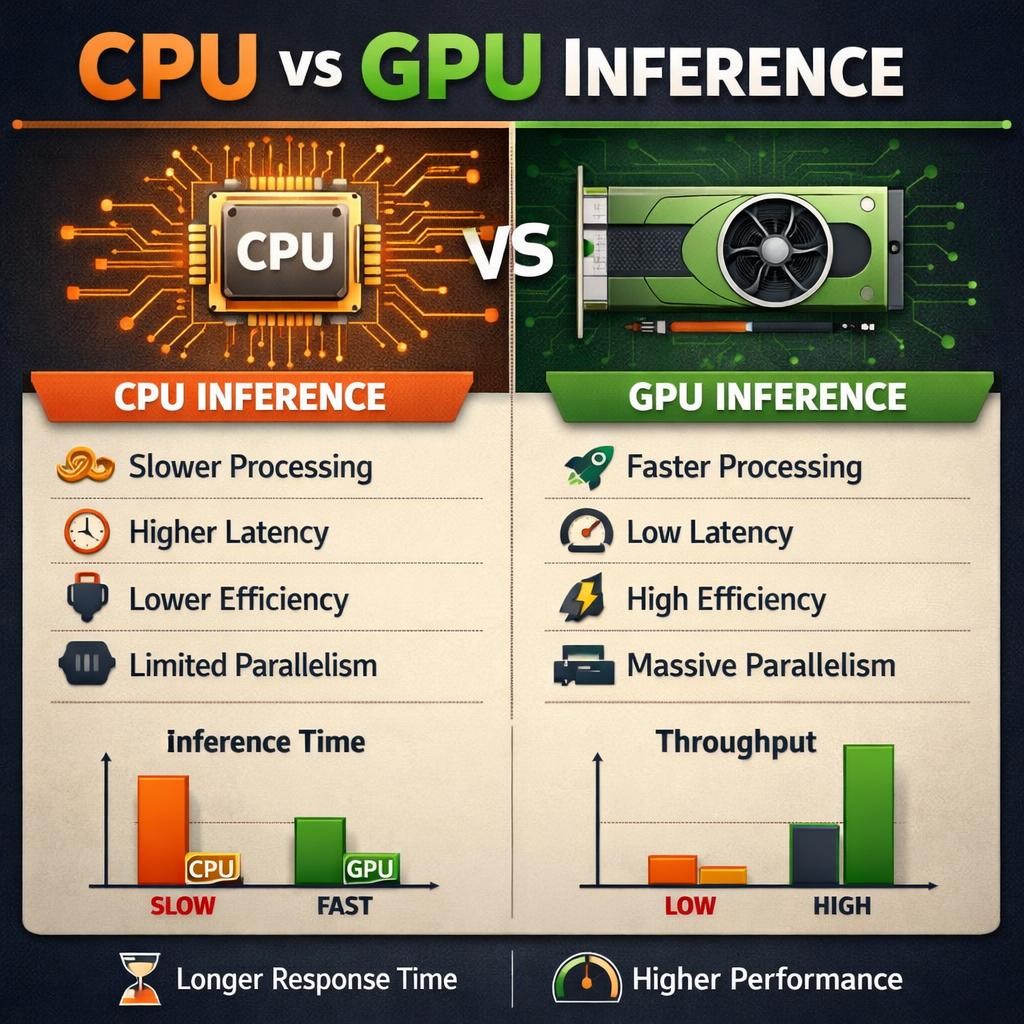 Comparison infographic highlighting CPU inference is slower with higher latency and limited parallelism, while GPU inference offers faster processing, low latency, high efficiency, and massive parallelism.