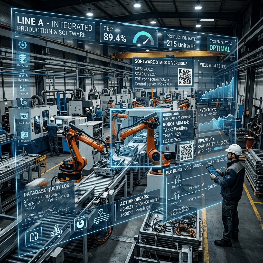 Technician monitoring robotic arms on assembly line with production data HUD