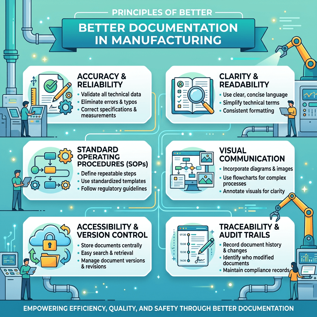 Diagram outlining six principles for better documentation in manufacturing: accuracy and reliability, clarity and readability, standard operating procedures, visual communication, accessibility and version control, traceability and audit trails.