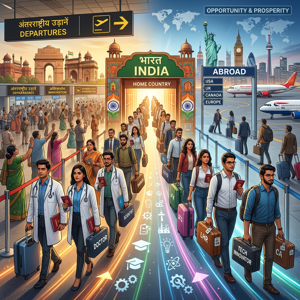 Indian professionals at airport departing from India heading to USA, UK, Canada, and Europe.